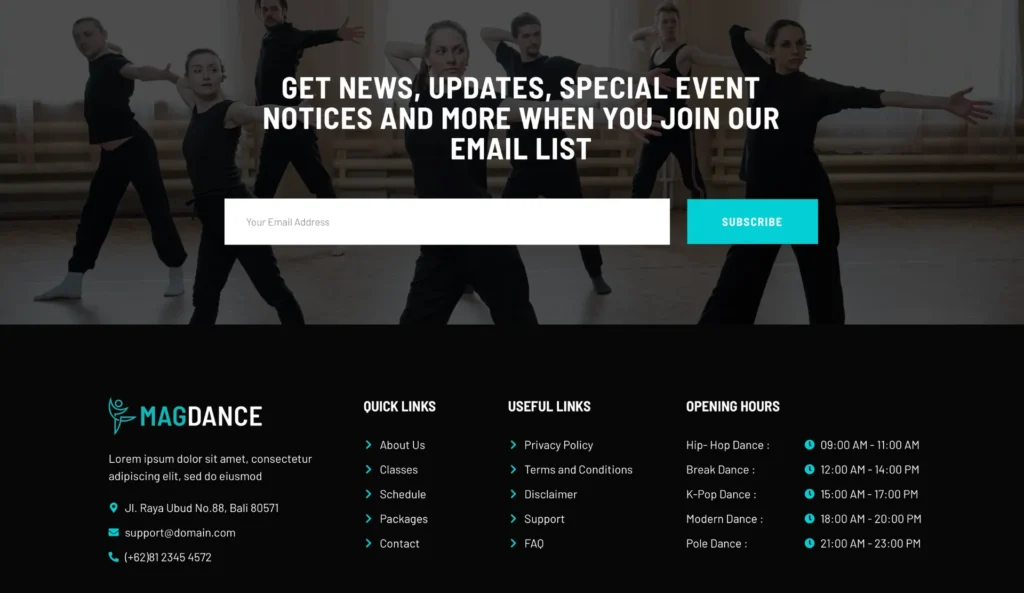 wordpress-dance-newsletter-footer-section